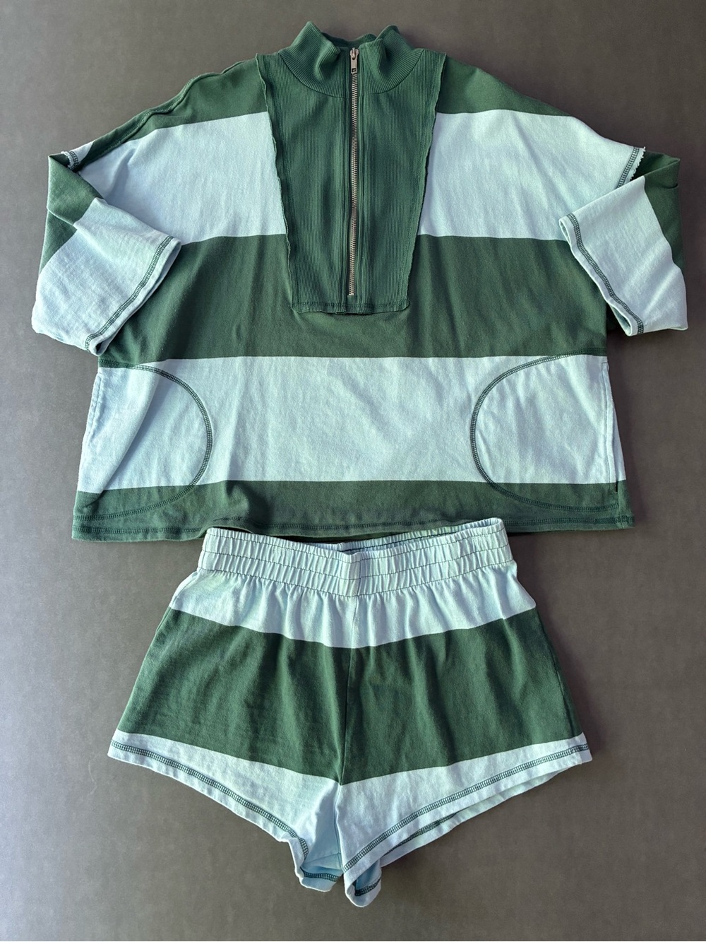 Free People Movement Retro Rugby Striped Pullover & Shorts Set Heritage Green